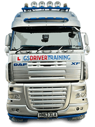 DAF XF truck with GS Driver Training branding, featuring learner plate, showcasing HGV training focus and professional driving qualifications.