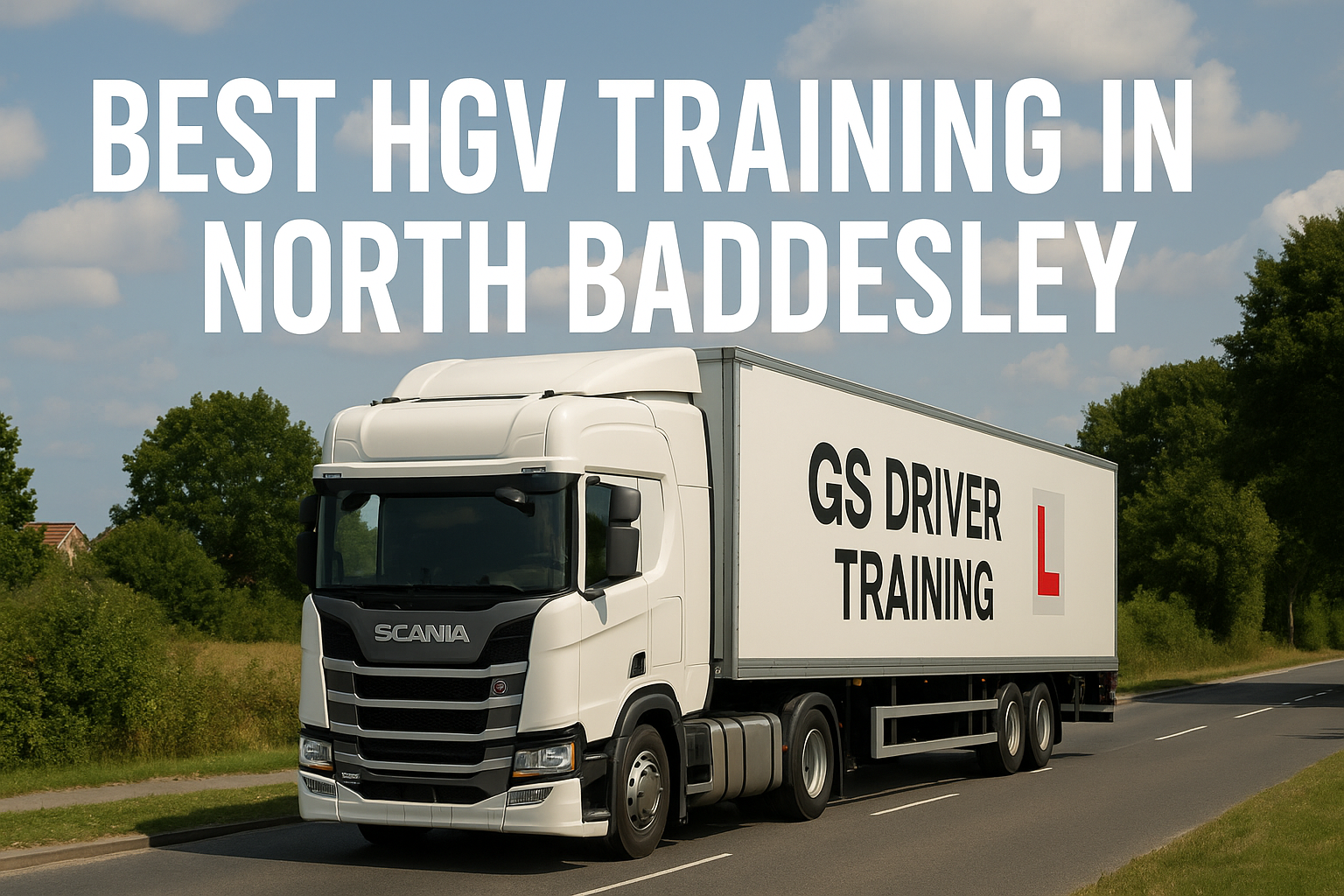 A white Scania HGV training truck with "GS DRIVER TRAINING" and a red L plate on the trailer drives through a suburban road in North Baddesley. Trees, greenery, and rooftops are visible in the background under a partly cloudy sky, with large white text above that reads "BEST HGV TRAINING IN NORTH BADDESLEY".