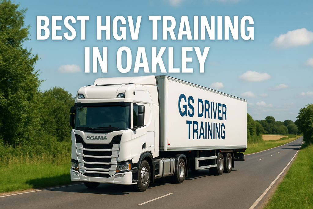 **Alt Text:** A white Scania HGV training truck with "GS DRIVER TRAINING" branding and a red L plate on the trailer drives on a rural two-lane road in Oakley. The scene features green trees, open fields, and a bright blue sky with scattered clouds. Large white text above reads "BEST HGV TRAINING IN OAKLEY".