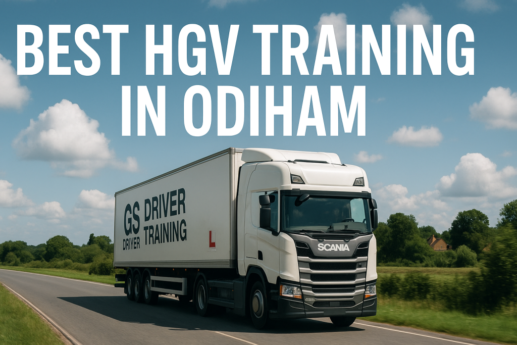 A white Scania HGV training truck with "GS DRIVER TRAINING" branding and a red L plate on the trailer drives along a rural road in Odiham. The road is flanked by green fields and trees under a bright blue sky with scattered clouds. Large white text above reads "BEST HGV TRAINING IN ODIHAM".