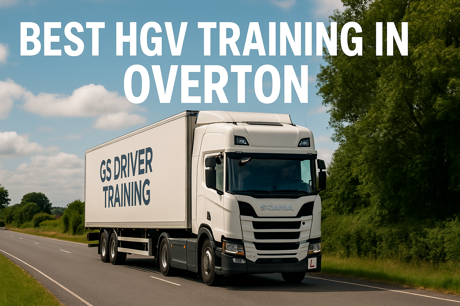 A white Scania HGV training truck with "GS DRIVER TRAINING" branding and a red L plate on the trailer drives along a countryside road in Overton. The road is lined with trees and green fields, under a blue sky with scattered clouds. Bold white text at the top reads "BEST HGV TRAINING IN OVERTON".