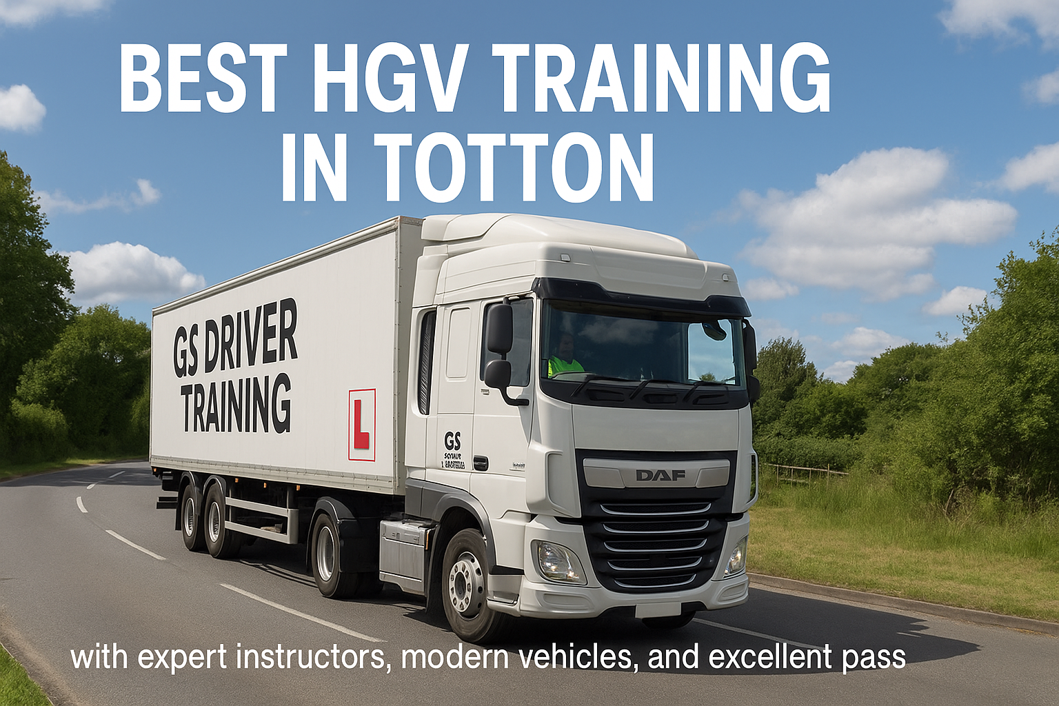 A white DAF HGV training lorry with "GS DRIVER TRAINING" branding and a red L plate on the trailer drives along a curving road in Totton under a blue sky with scattered clouds. The driver is visible wearing a hi-vis vest. Large bold white text at the top reads "BEST HGV TRAINING IN TOTTON", with a smaller tagline at the bottom stating "with expert instructors, modern vehicles,