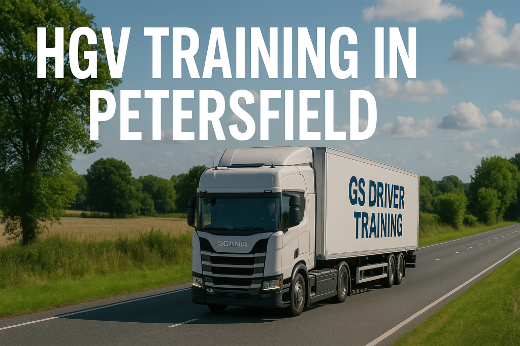 **Alt Text:** A white Scania HGV training truck with "GS DRIVER TRAINING" branding on the trailer drives along a rural road in Petersfield. The scene features green fields, trees, and a bright blue sky with scattered clouds. Large white text above reads "HGV TRAINING IN PETERSFIELD".