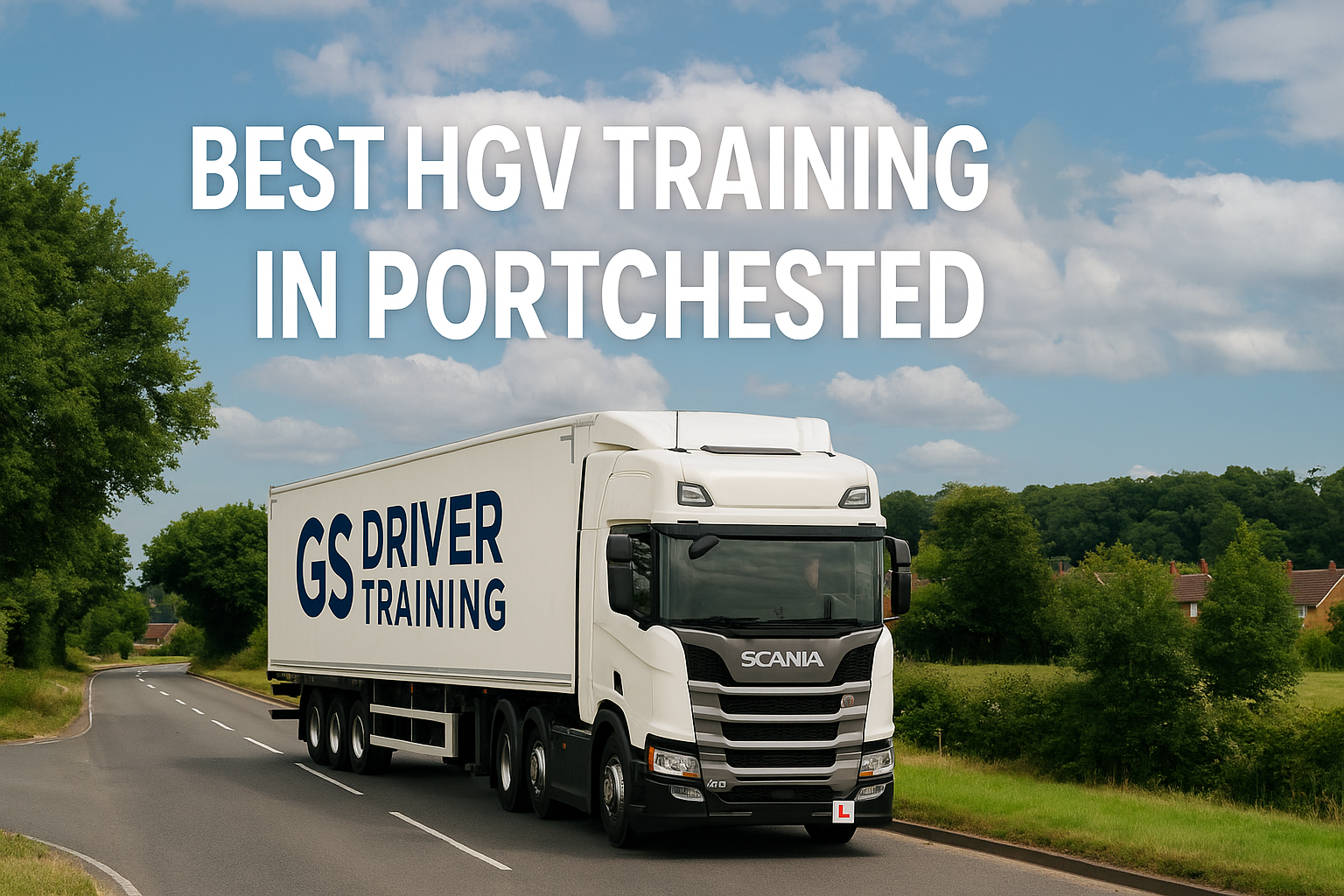 A white Scania HGV training truck with "GS DRIVER TRAINING" branding and a red L plate on the trailer drives along a suburban road in Portchester. The road is bordered by green trees and red-brick houses, with a bright blue sky and scattered clouds overhead. Large white text at the top reads "BEST HGV TRAINING IN PORTCHESTER".