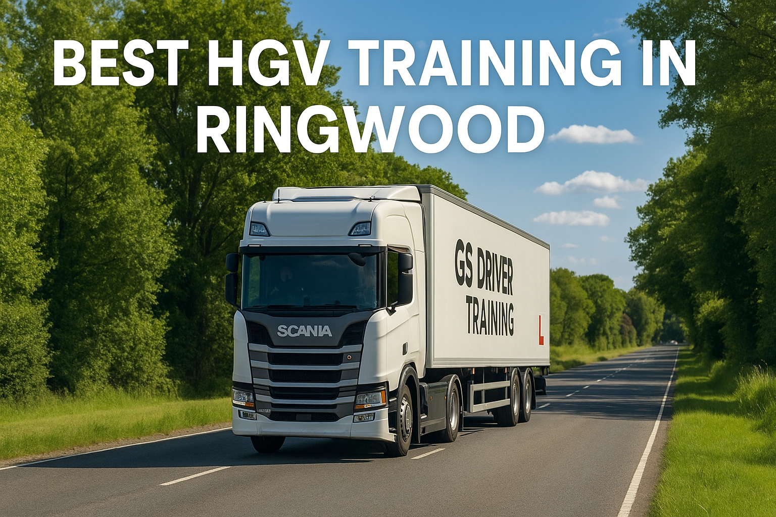 A white Scania HGV training truck with "GS DRIVER TRAINING" branding and a red L plate on the trailer drives down a tree-lined road in Ringwood. The sky is clear with a few scattered clouds, and large white text above reads "BEST HGV TRAINING IN RINGWOOD".