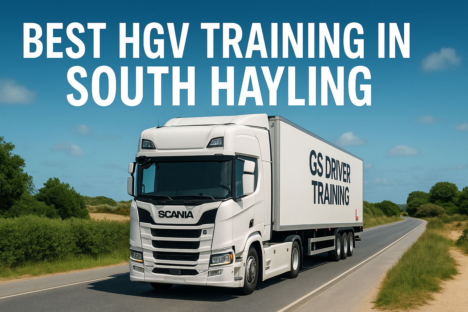 **Alt Text:** A white Scania HGV training truck with "GS DRIVER TRAINING" branding and a red L plate on the trailer drives along a coastal road in South Hayling. The landscape features sandy verges, green bushes, and a clear blue sky with a few scattered clouds. Large white text at the top reads "BEST HGV TRAINING IN SOUTH HAYLING".