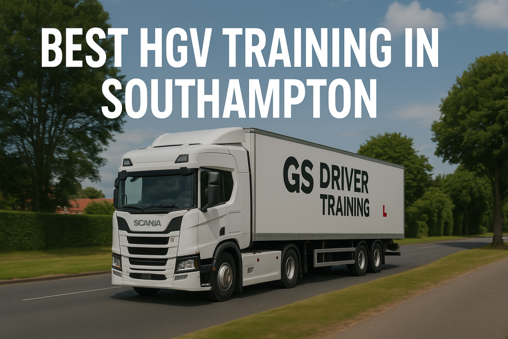 **Alt Text:** A white Scania HGV training truck with "GS DRIVER TRAINING" branding and a red L plate on the trailer drives along a tree-lined suburban road in Southampton. Red brick buildings are visible in the distance, and the sky is partly cloudy. Large white text above reads "BEST HGV TRAINING IN SOUTHAMPTON".