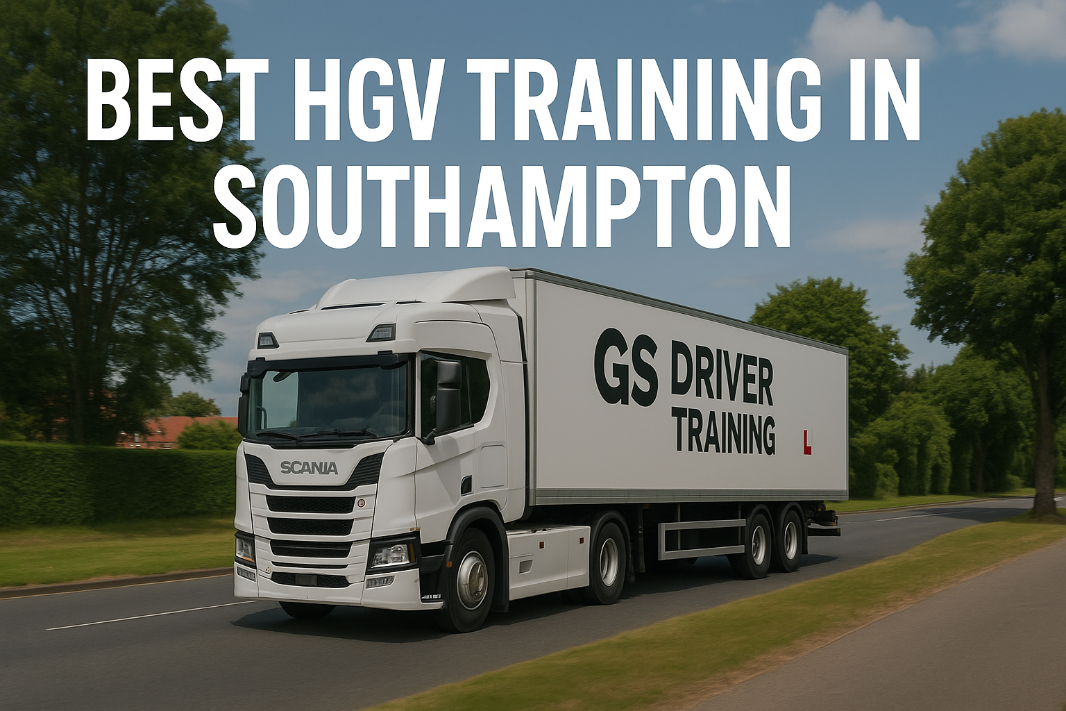 **Alt Text:** A white Scania HGV training truck with "GS DRIVER TRAINING" branding and a red L plate on the trailer drives along a tree-lined suburban road in Southampton. Red brick buildings are visible in the distance, and the sky is partly cloudy. Large white text above reads "BEST HGV TRAINING IN SOUTHAMPTON".