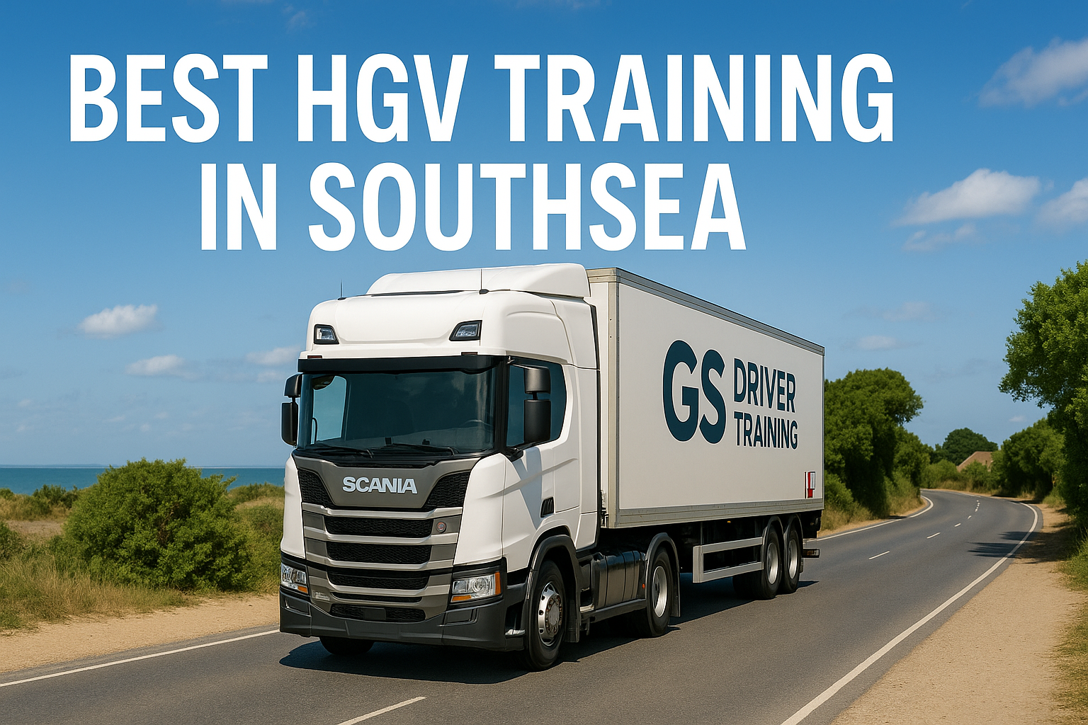 A white Scania HGV training truck with "GS DRIVER TRAINING" branding and a red L plate on the trailer drives along a coastal road in Southsea. The background features sandy paths, green bushes, and a clear blue sky with a few clouds. Large white text at the top reads "BEST HGV TRAINING IN SOUTHSEA".