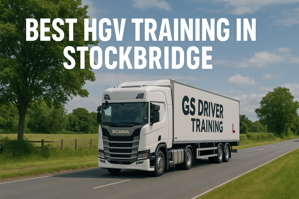 A white Scania HGV training truck with "GS DRIVER TRAINING" branding and a red L plate on the trailer drives along a countryside road in Stockbridge. The scene features green fields, trees, a wooden fence, and a partly cloudy sky. Large white text at the top reads "BEST HGV TRAINING IN STOCKBRIDGE".