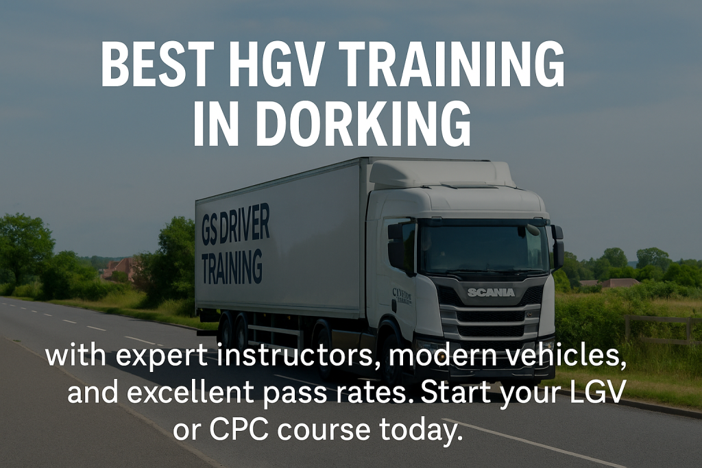 A white Scania HGV training truck with "GS DRIVER TRAINING" branding drives along a countryside road in Dorking. Large white text at the top reads "BEST HGV TRAINING IN DORKING," and additional text at the bottom says "with expert instructors, modern vehicles, and excellent pass rates. Start your LGV or CPC course today." The background features green fields, trees, and a partly cloudy sky