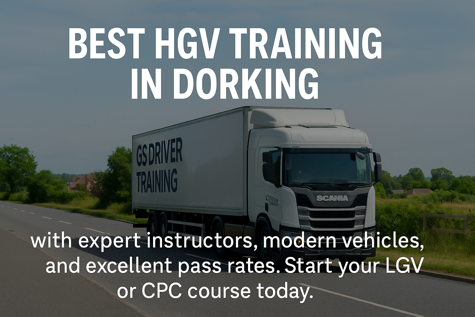 A white Scania HGV training truck with "GS DRIVER TRAINING" branding drives along a countryside road in Dorking. Large white text at the top reads "BEST HGV TRAINING IN DORKING," and additional text at the bottom says "with expert instructors, modern vehicles, and excellent pass rates. Start your LGV or CPC course today." The background features green fields, trees, and a partly cloudy sky