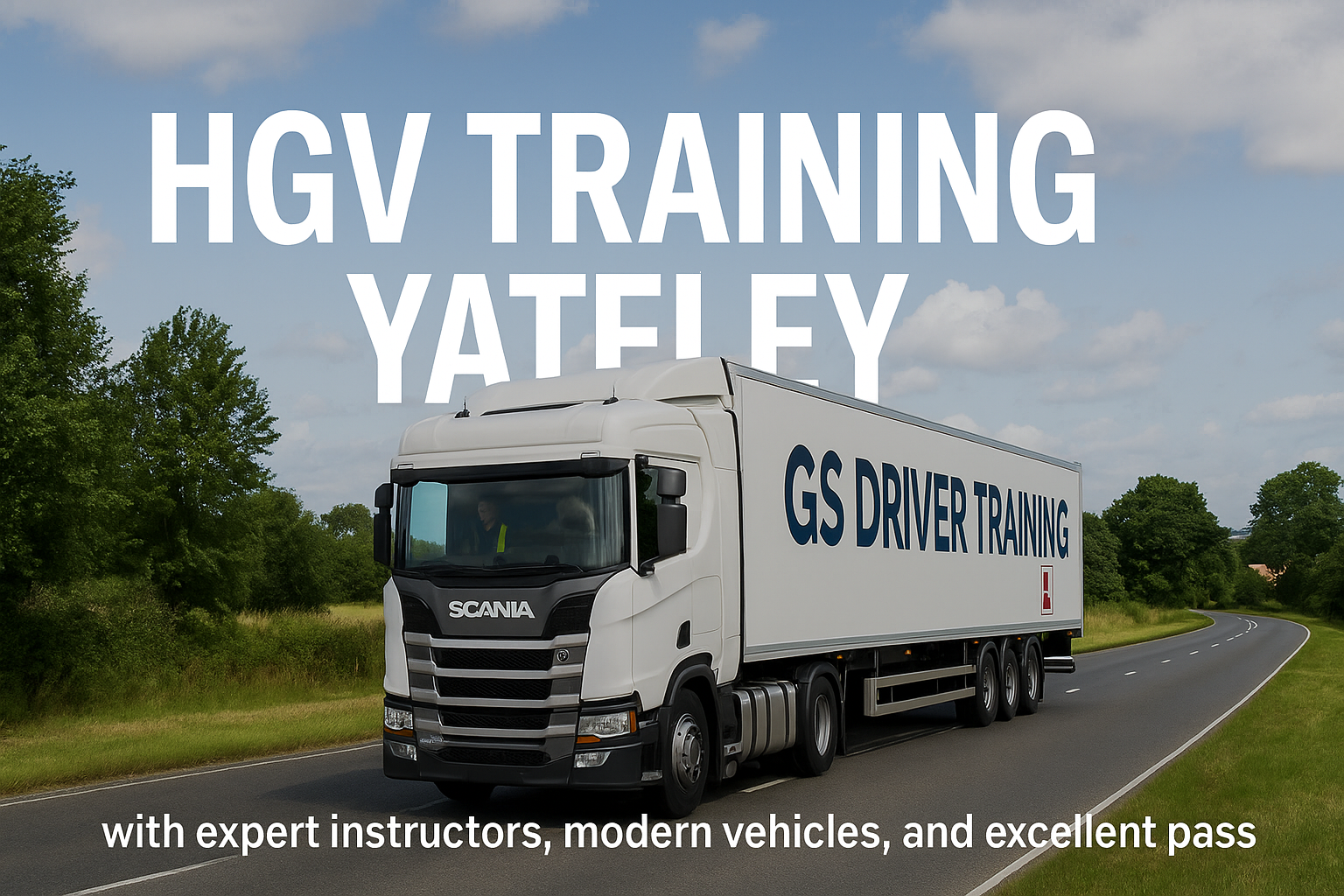 A white Scania HGV training truck with "GS DRIVER TRAINING" branding and a red L plate on the trailer drives along a curving road in Yateley, surrounded by trees and greenery under a partly cloudy sky. Large white text at the top reads "HGV TRAINING YATELEY", and smaller white text at the bottom says "with expert instructors, modern vehicles,