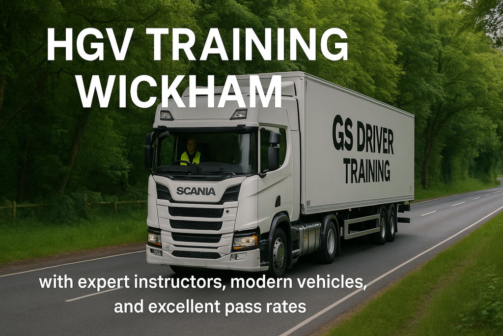 A white Scania HGV training truck with "GS DRIVER TRAINING" branding drives along a tree-lined road in Wickham. The driver, wearing a hi-vis vest, is visible through the windshield. Large white text at the top reads "HGV TRAINING WICKHAM", and smaller white text at the bottom states, "with expert instructors, modern vehicles, and excellent pass rates".