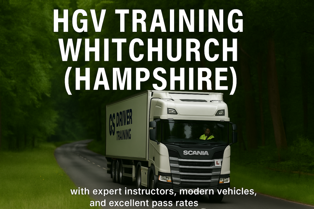 A white Scania HGV training truck with "GS DRIVER TRAINING" branding and a red L plate on the front drives along a tree-lined road in Whitchurch, Hampshire. The driver, wearing a hi-vis vest, is visible through the windshield. Large white text at the top reads "HGV TRAINING WHITCHURCH (HAMPSHIRE)", and smaller text at the bottom says "with expert instructors, modern vehicles, and excellent pass rates".