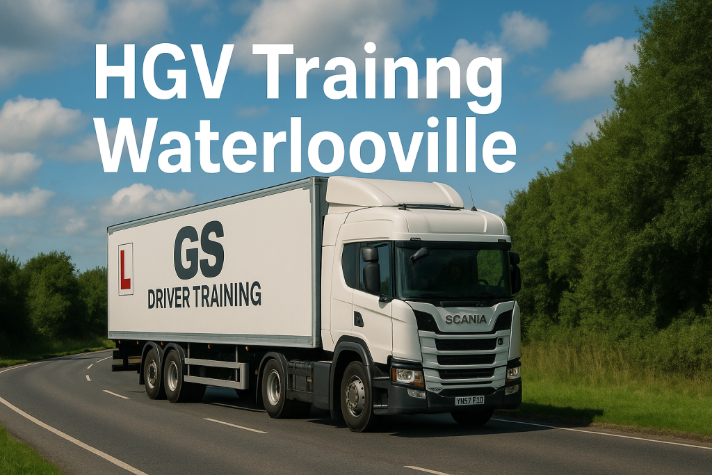 A white Scania HGV training truck with "GS DRIVER TRAINING" branding and a red L plate on the trailer drives along a curving, tree-lined road in Waterlooville. The sky is bright blue with scattered clouds. Large white text at the top reads "HGV Training Waterlooville".