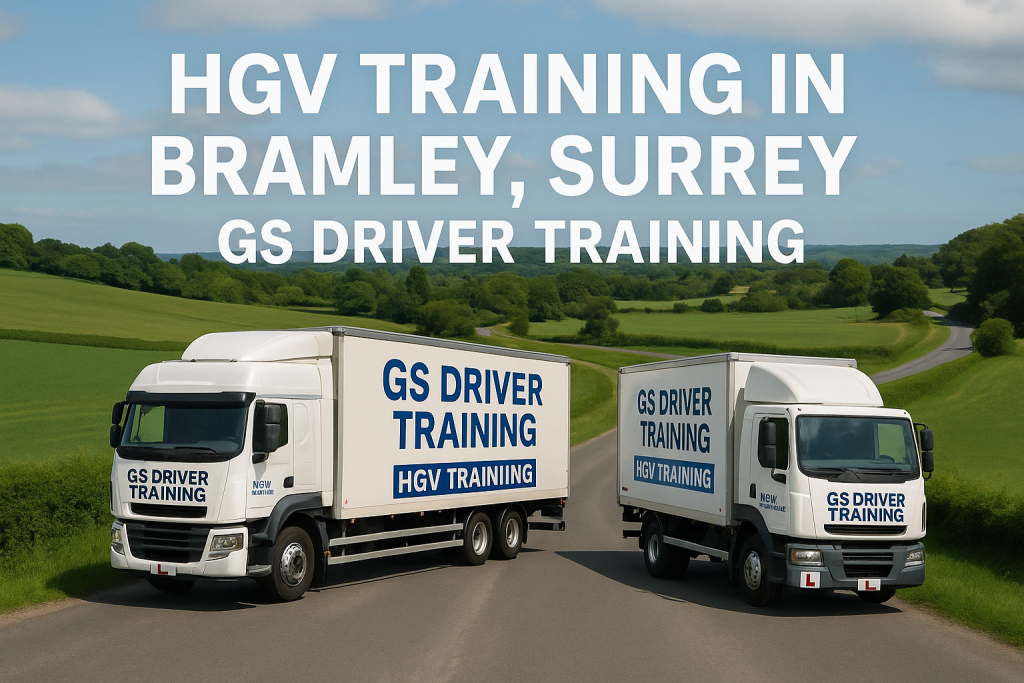 Two GS Driver Training HGVs — one articulated and one rigid — driving on a quiet countryside road in Bramley, Surrey. The scene includes lush green fields, tree-lined hills, and a clear blue sky. Large white text above the trucks reads “HGV TRAINING IN BRAMLEY, SURREY – GS DRIVER TRAINING,” with visible red L plates and bold branding on both vehicles.