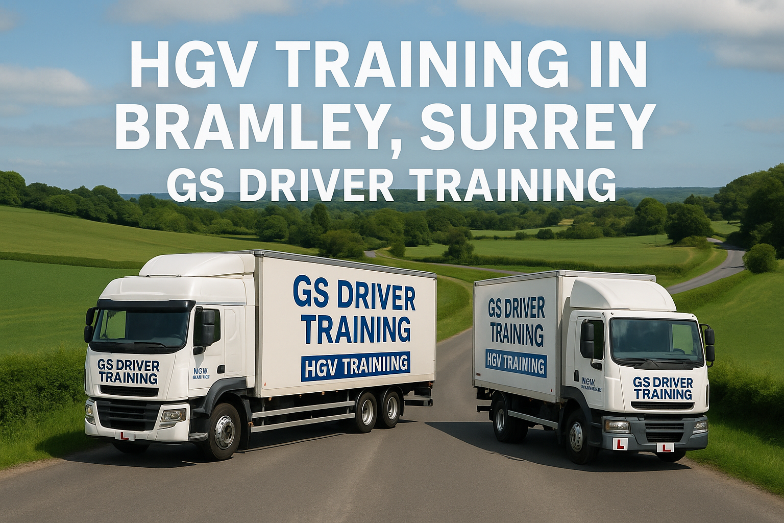 Two GS Driver Training HGVs — one articulated and one rigid — driving on a quiet countryside road in Bramley, Surrey. The scene includes lush green fields, tree-lined hills, and a clear blue sky. Large white text above the trucks reads “HGV TRAINING IN BRAMLEY, SURREY – GS DRIVER TRAINING,” with visible red L plates and bold branding on both vehicles.
