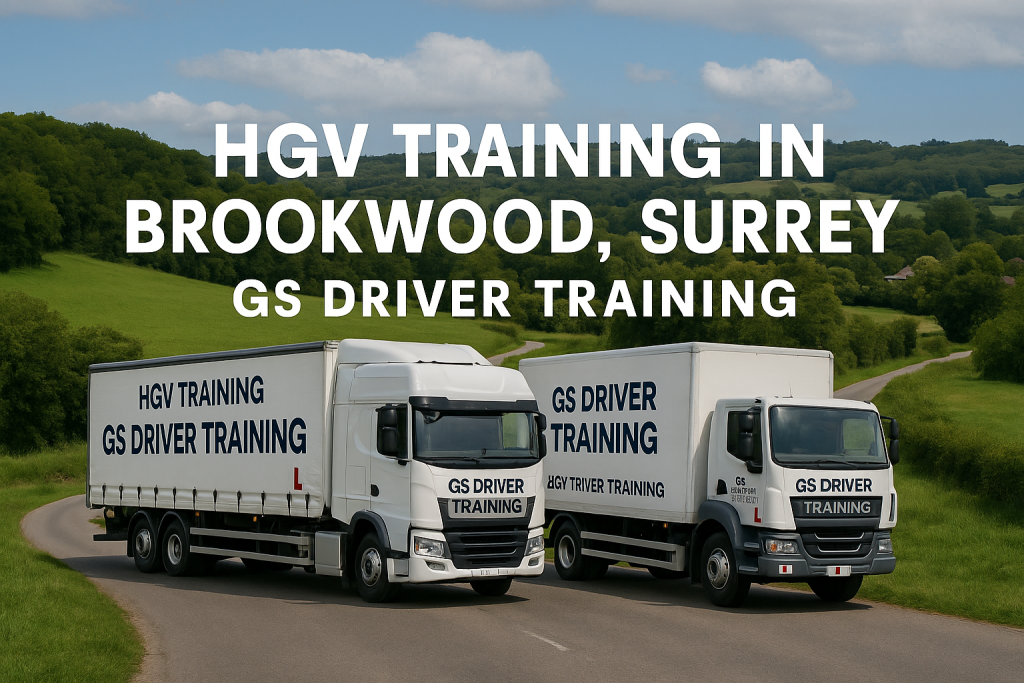 Two GS Driver Training HGV trucks — one articulated and one rigid — drive along a winding country road in Brookwood, Surrey, surrounded by lush green hills and trees. Large white text above the scene reads “HGV TRAINING IN BROOKWOOD, SURREY – GS DRIVER TRAINING.” Both vehicles feature prominent GS Driver Training branding and red L plates.