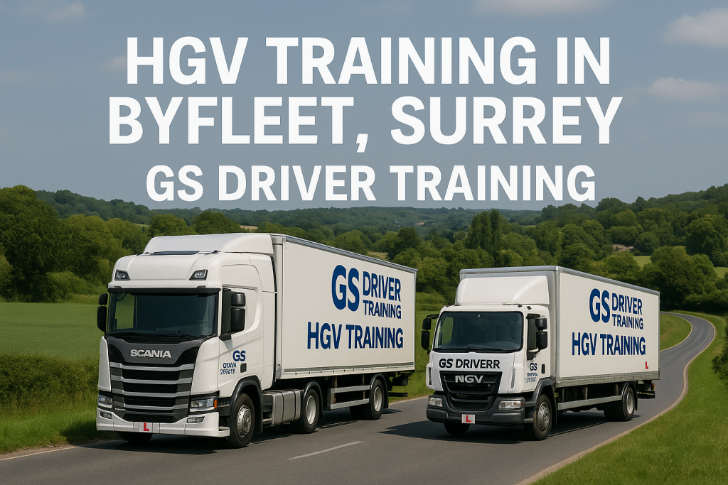 Two GS Driver Training HGV trucks — one articulated and one rigid — drive side by side on a winding country road in Byfleet, Surrey. The background features green fields, dense woodland, and a small village. Large white text above the trucks reads “HGV TRAINING IN BYFLEET, SURREY – GS DRIVER TRAINING.” Both vehicles have L plates and clear GS Driver Training branding.