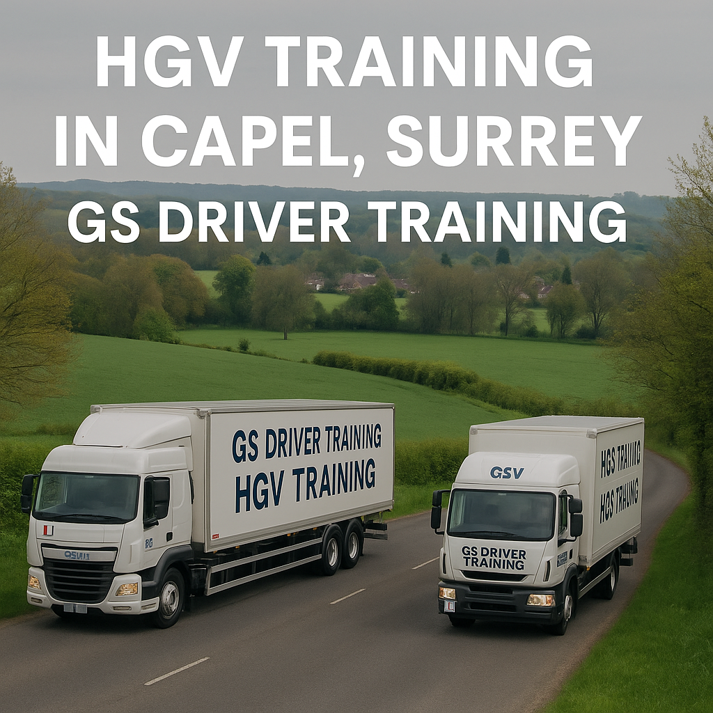 Two GS Driver Training HGV trucks — one articulated and one rigid — drive along a winding rural road in Capel, Surrey, bordered by lush green fields and trees. A small village is visible in the background under cloudy skies. Large white text reads “HGV TRAINING IN CAPEL, SURREY – GS DRIVER TRAINING,” with red L plates and clear branding on both vehicles.