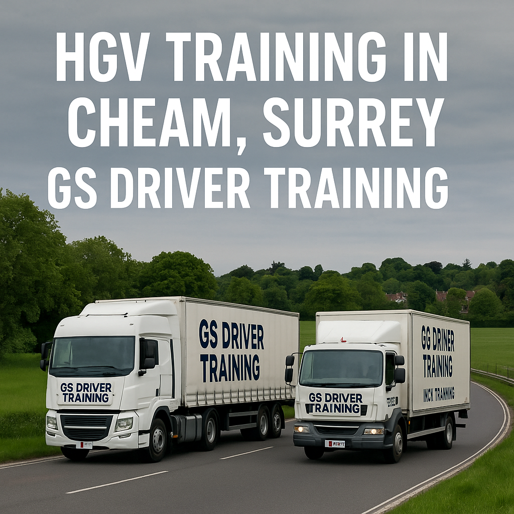 Two GS Driver Training HGV trucks drive on a curved road in Cheam, Surrey, with green fields and houses in the background.