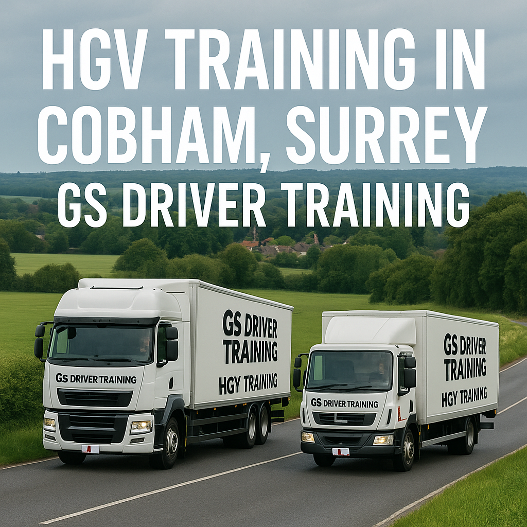 Two GS Driver Training HGV trucks — one articulated and one rigid — drive on a country road in Cobham, Surrey. Behind them are green fields, trees, and a distant village. White text above reads “HGV TRAINING IN COBHAM, SURREY – GS DRIVER TRAINING.”