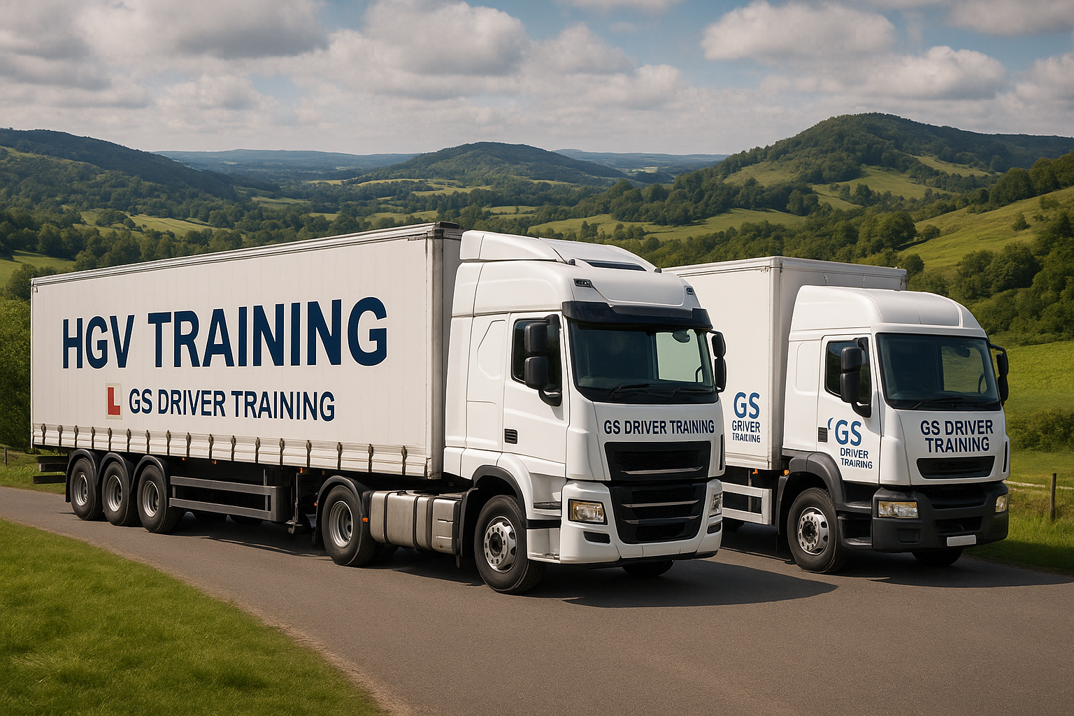 A realistic photo of two modern HGV trucks — one articulated lorry (artic) and one rigid truck — positioned on a country road with the rolling green hills and wooded landscape of the Surrey Hills in the background. Both vehicles display “GS Driver Training” logos and HGV training signage, with natural lighting and a clear, detailed countryside setting.