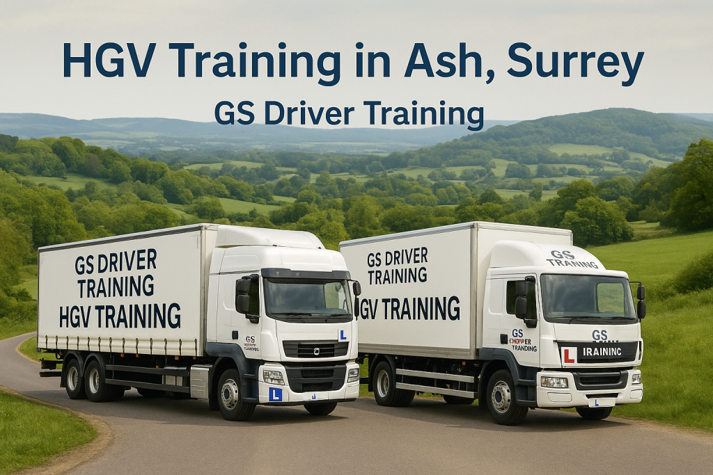 Hero image showing two GS Driver Training HGVs — one articulated lorry and one rigid truck — on a winding road in Ash, Surrey, surrounded by lush green hills and countryside. Bold text reads “HGV Training in Ash, Surrey” and “GS Driver Training” above the vehicles, with visible L plates and company branding on both trucks.