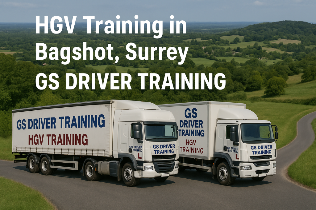 Two GS Driver Training HGVs — one articulated lorry and one rigid truck — on a country road in Bagshot, Surrey, surrounded by lush green hills. Large bold text reads “HGV Training in Bagshot, Surrey – GS Driver Training” with clear L plates and company branding on both vehicles.