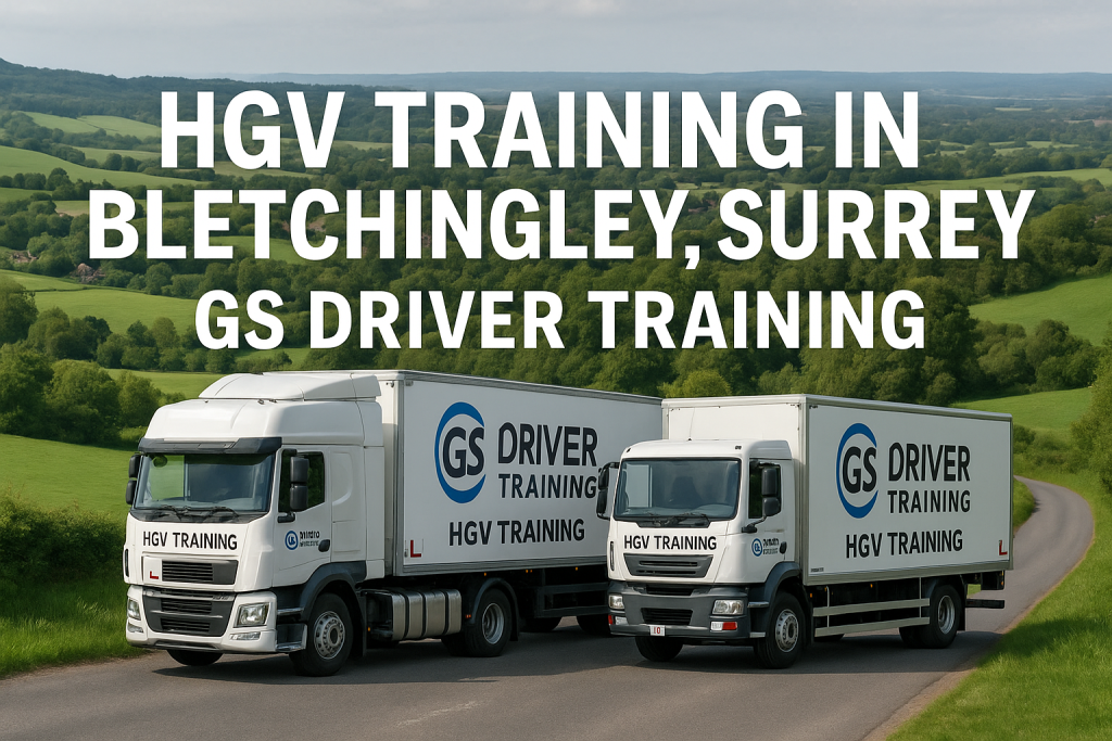 Two GS Driver Training HGV trucks — one articulated and one rigid — are shown on a winding countryside road in Bletchingley, Surrey, with green rolling hills and a distant village in the background. Large white text above reads “HGV TRAINING IN BLETCHINGLEY, SURREY – GS DRIVER TRAINING,” and both vehicles feature prominent learner plates and branded signage.