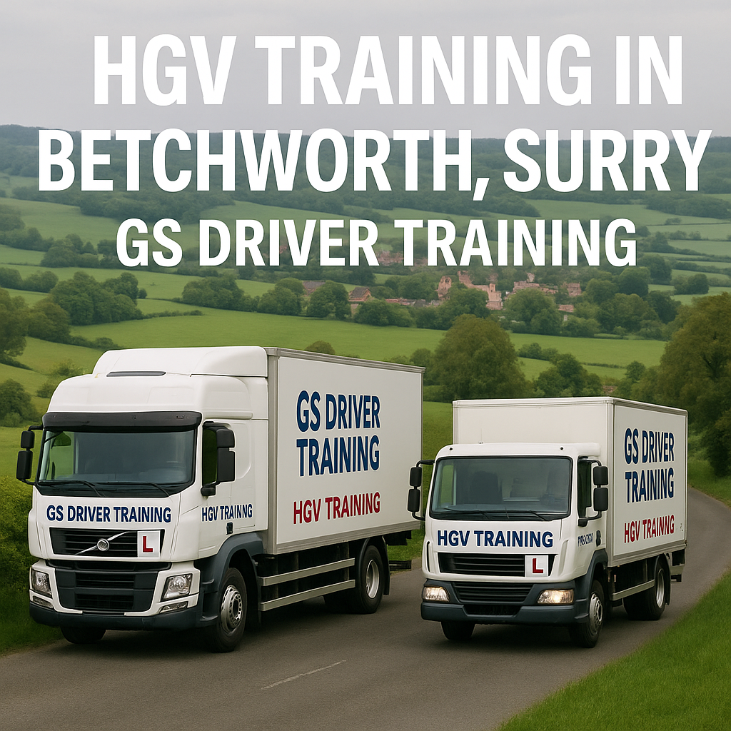 Two GS Driver Training HGV trucks — one articulated and one rigid — driving on a winding countryside road in Betchworth, Surrey. The scene features green rolling hills and a small village in the distance. Bold white text above the trucks reads “HGV TRAINING IN BETCHWORTH, SURREY – GS DRIVER TRAINING,” with visible L plates and branded signage on both vehicles.