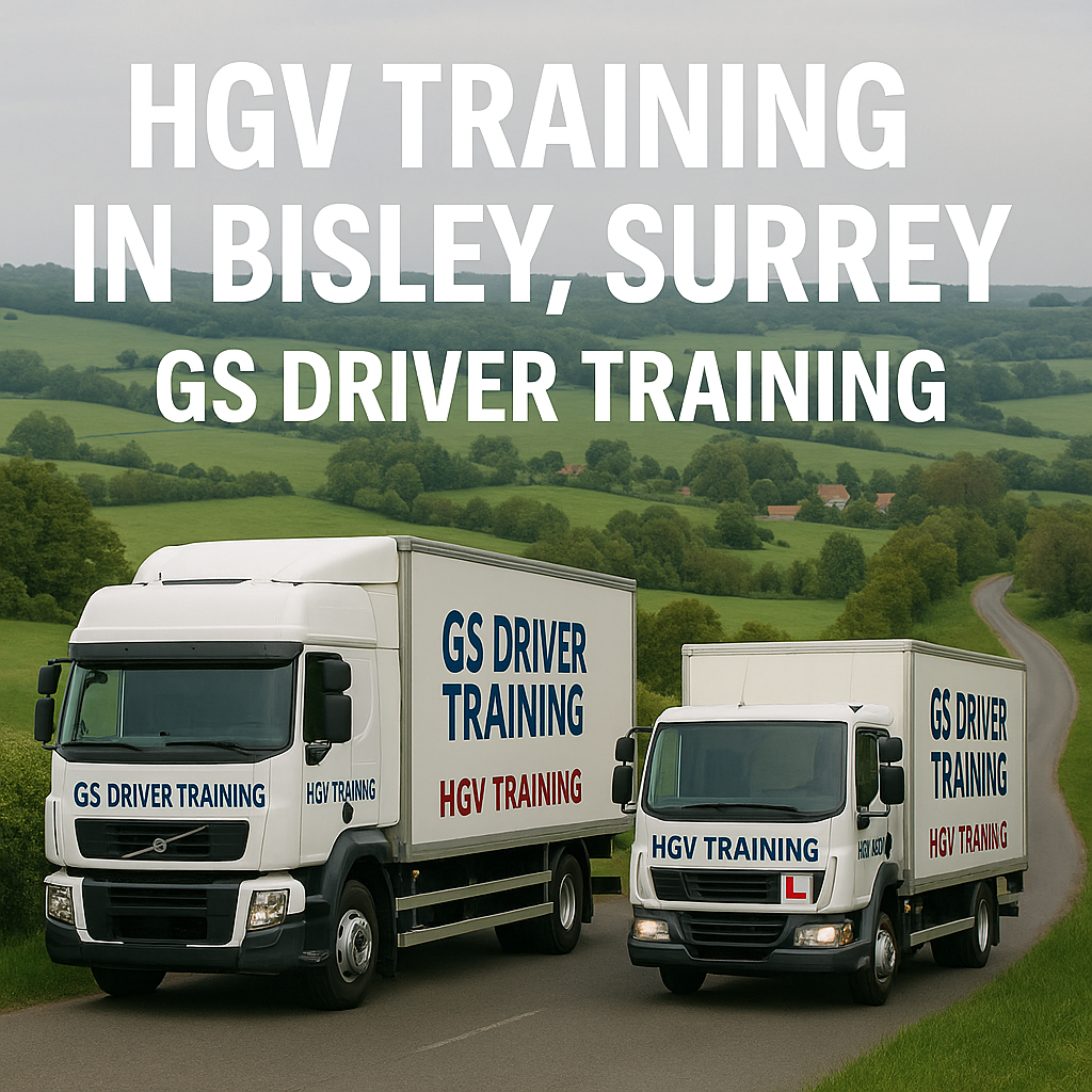 Two GS Driver Training HGVs — one articulated and one rigid — driving on a winding rural road in Bisley, Surrey. The scene features rolling green countryside and distant homes under cloudy skies. Bold white text above the vehicles reads “HGV TRAINING IN BISLEY, SURREY – GS DRIVER TRAINING,” with both trucks displaying L plates and branded training signage.