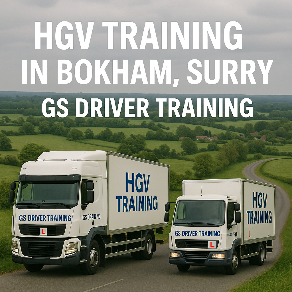 Two GS Driver Training HGV trucks — one articulated and one rigid — drive along a winding road surrounded by green fields near Bookham, Surrey. Bold white text above reads “HGV TRAINING IN BOOKHAM, SURREY – GS DRIVER TRAINING.” Both vehicles display red L plates and prominent branding for GS Driver Training.