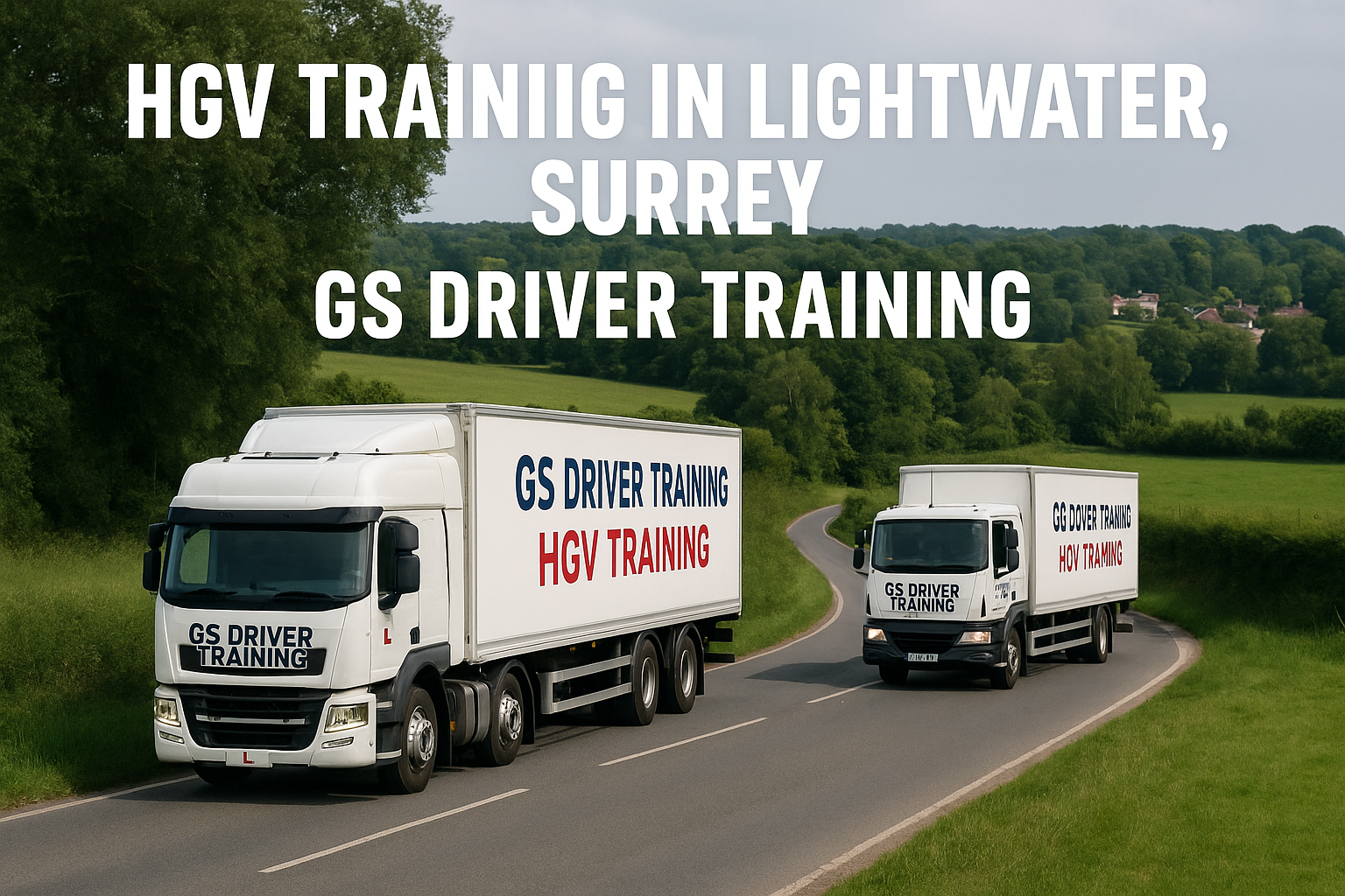 Two GS Driver Training HGV trucks — one articulated and one rigid — drive side by side on a winding rural road in Lightwater, Surrey. The background includes green fields and trees. Bold white text above reads “HGV TRAINING IN LIGHTWATER, SURREY – GS DRIVER TRAINING