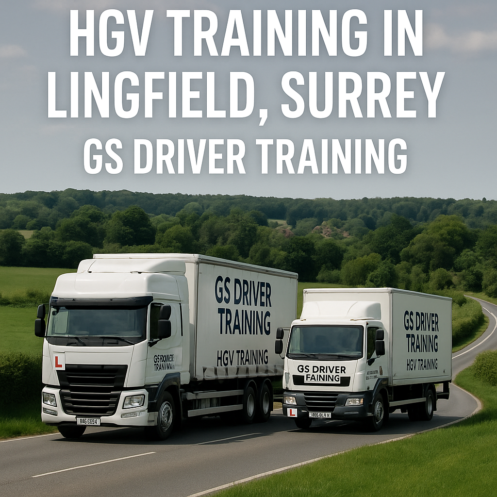 Two GS Driver Training HGV trucks — one articulated and one rigid — drive on a country road in Lingfield, Surrey. The background features rolling green fields and wooded hills. Bold white text at the top reads “HGV TRAINING IN LINGFIELD, SURREY – GS DRIVER TRAINING.”