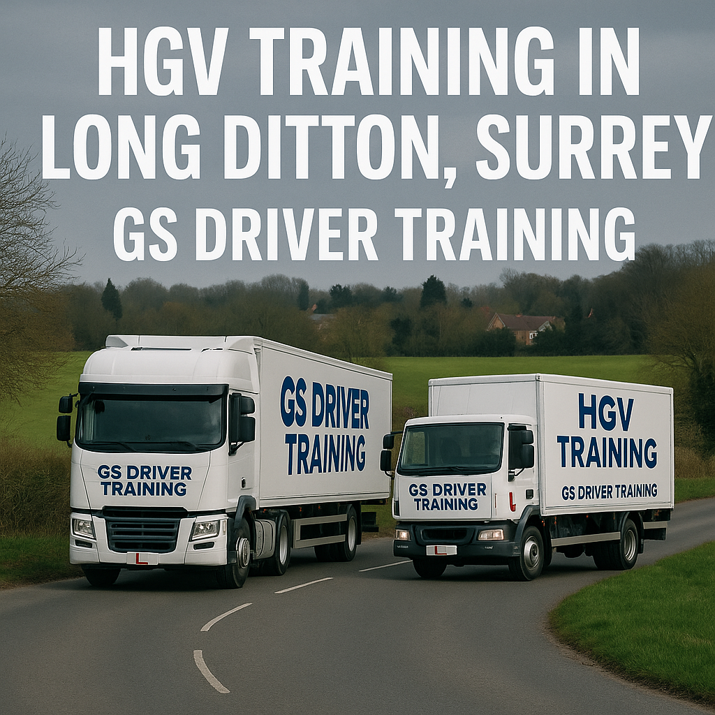 Two GS Driver Training HGV trucks — one articulated and one rigid — drive on a curved country road in Long Ditton, Surrey. The scene includes bare trees, green fields, and red brick houses under overcast skies. Large white text above reads “HGV TRAINING IN LONG DITTON, SURREY – GS DRIVER TRAININ
