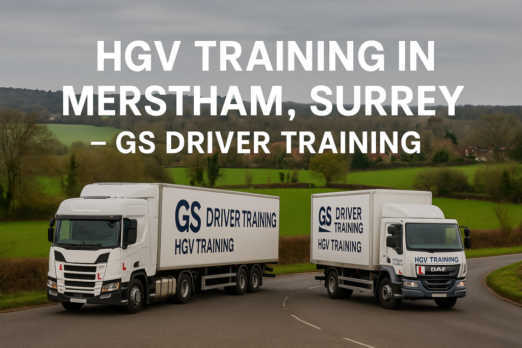 Two GS Driver Training HGV trucks — one articulated and one rigid — drive on a winding rural road in Merstham, Surrey. The background features green fields, trees, and red-brick houses under cloudy skies. Large white text above reads “HGV TRAINING IN MERSTHAM, SURREY – GS DRIVER TRAINING.”