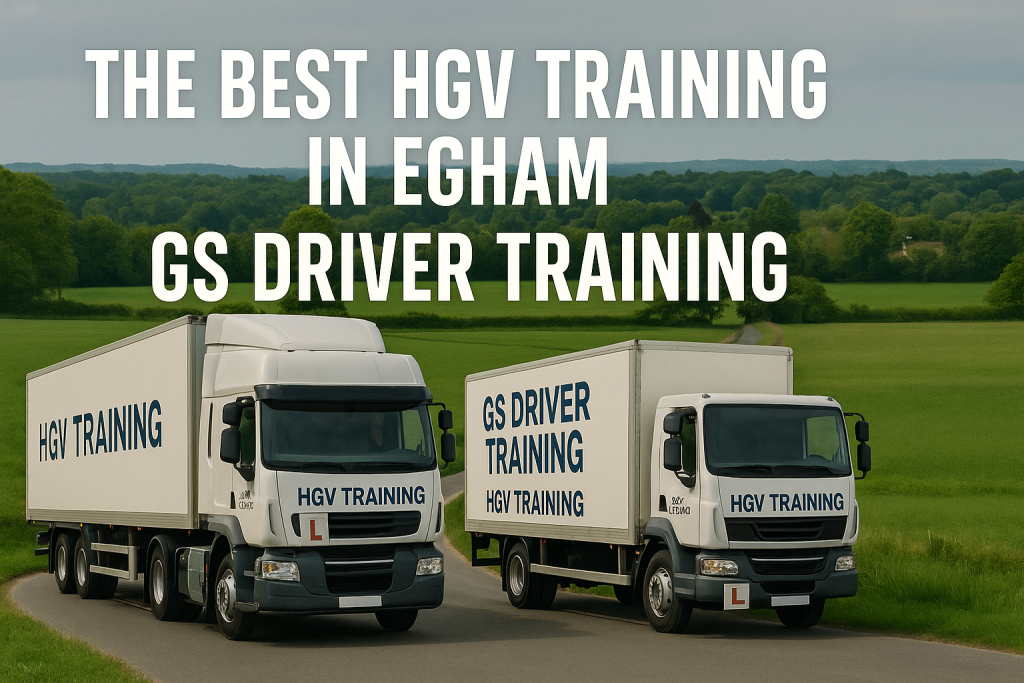 Two GS Driver Training HGV trucks — one articulated and one rigid — drive along a countryside road in Egham, Surrey. Green fields and trees fill the background. Bold white text above reads “THE BEST HGV TRAINING IN EGHAM – GS DRIVER TRAINING.” Both trucks show L plates and GS branding.