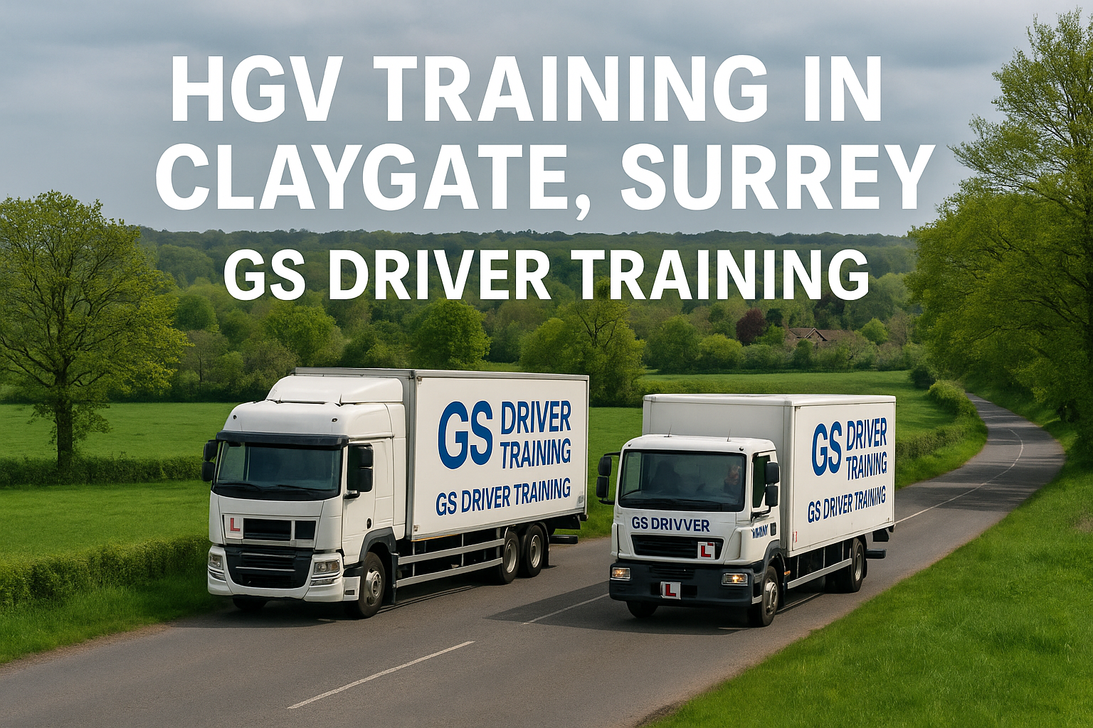 Two GS Driver Training HGV trucks — one articulated and one rigid — drive along a quiet countryside road in Claygate, Surrey. The background features green fields, trees, and a distant house. Large white text reads “HGV TRAINING IN CLAYGATE, SURREY – GS DRIVER TRAINING.”