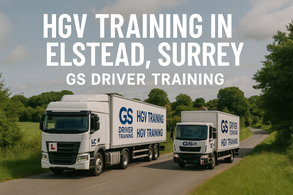 Two GS Driver Training HGV trucks — one articulated and one rigid — drive along a country road in Elstead, Surrey. The scene features green fields, trees, and a cottage in the background. Bold white text reads “HGV TRAINING IN ELSTEAD, SURREY – GS DRIVER TRAINING.”