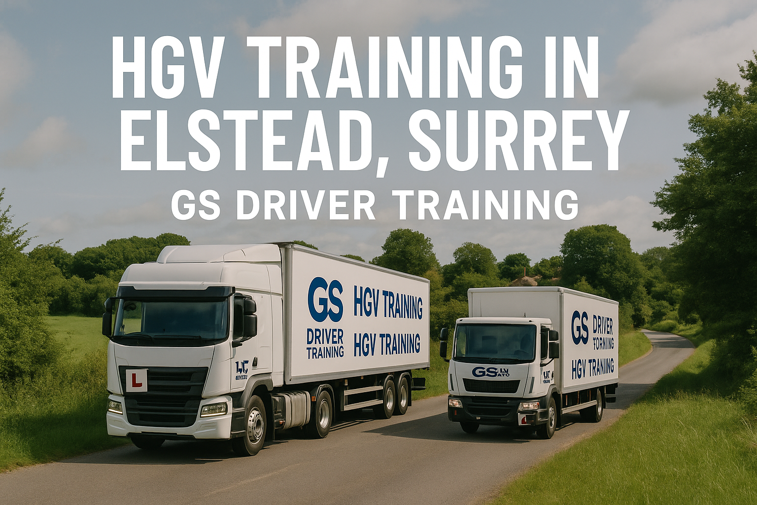 Two GS Driver Training HGV trucks — one articulated and one rigid — drive along a country road in Elstead, Surrey. The scene features green fields, trees, and a cottage in the background. Bold white text reads “HGV TRAINING IN ELSTEAD, SURREY – GS DRIVER TRAINING.”