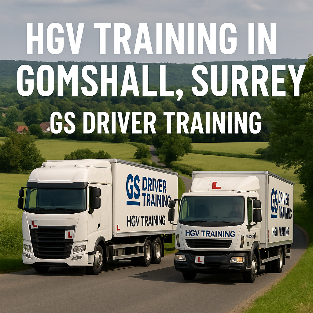 Two GS Driver Training HGV trucks — one articulated and one rigid — drive on a winding road in Gomshall, Surrey, with green fields, trees, and houses in the distance. White text above reads “HGV TRAINING IN GOMSHALL, SURREY – GS DRIVER TRAINING.”