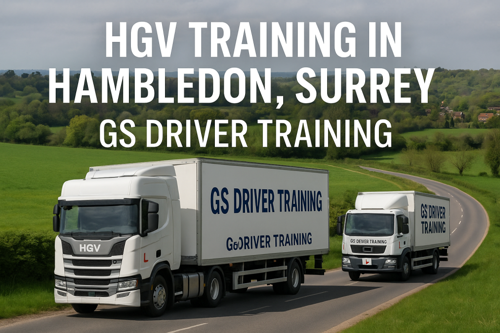 Two GS Driver Training HGV trucks — one articulated and one rigid — drive on a winding road in Hambledon, Surrey, with green fields and a village in the distance. Large white text above reads “HGV TRAINING IN HAMBLEDON, SURREY – GS DRIVER TRAINING.”