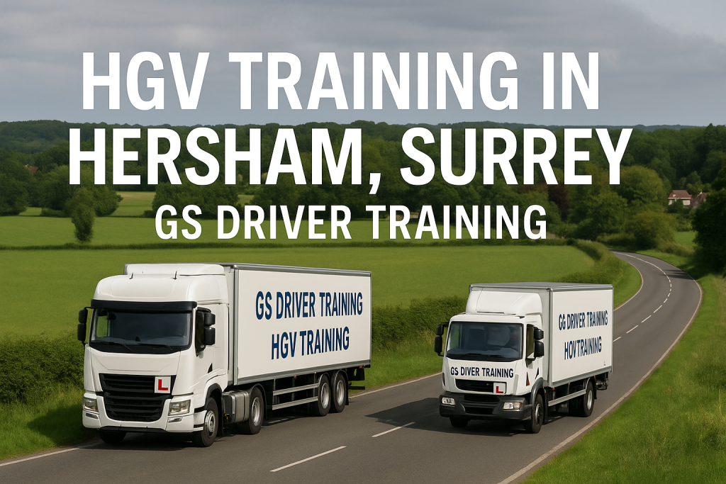 Two GS Driver Training HGV trucks — one articulated and one rigid — drive along a winding countryside road in Hersham, Surrey. Green fields and trees surround the scene. Bold white text above the trucks reads “HGV TRAINING IN HERSHAM, SURREY – GS DRIVER TRAINING.”