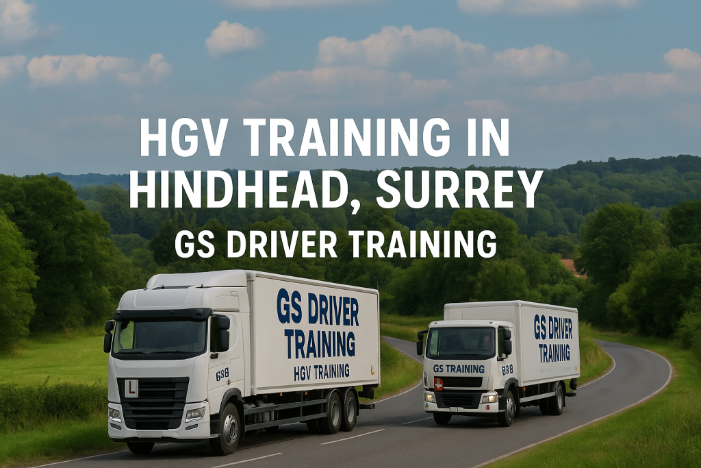 Two GS Driver Training HGV trucks — one articulated and one rigid — drive along a rural road in Hindhead, Surrey. The background shows green hills and dense trees. Bold white text above reads “HGV TRAINING IN HINDHEAD, SURREY – GS DRIVER TRAINING.”