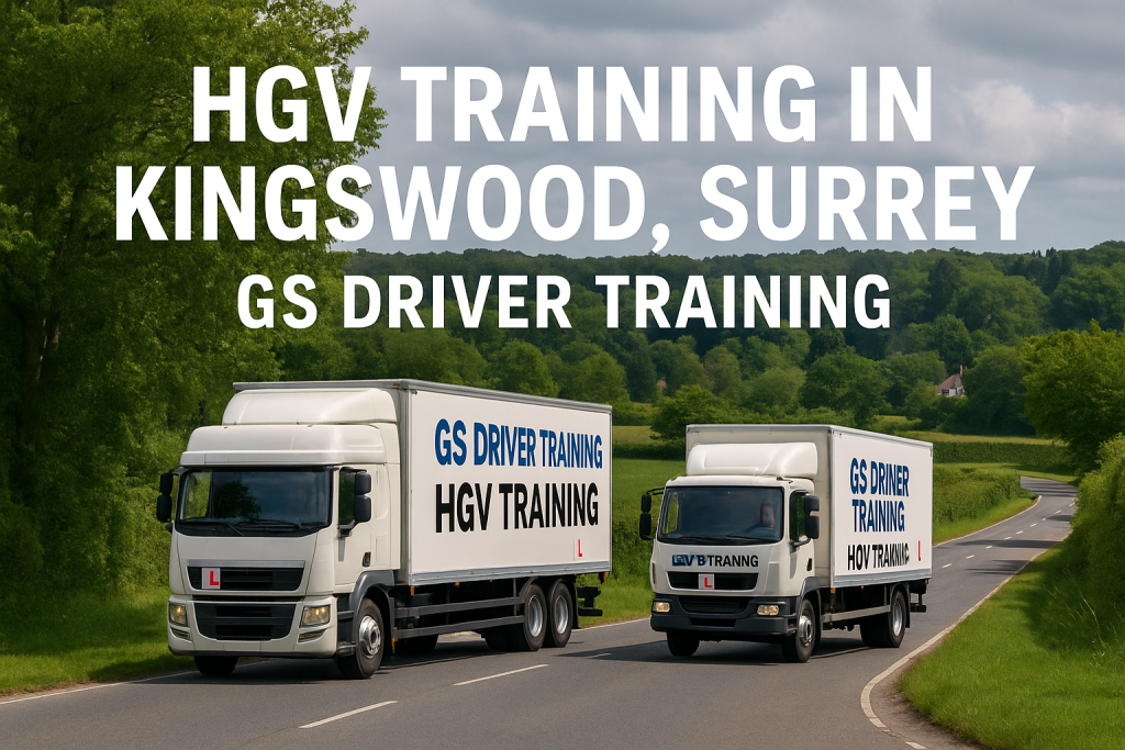 Two GS Driver Training HGV trucks — one articulated and one rigid — drive on a winding country road in Kingswood, Surrey. The scene features green fields, trees, and a small village in the background. Large white text reads “HGV TRAINING IN KINGSWOOD, SURREY – GS DRIVER TRAINING.”