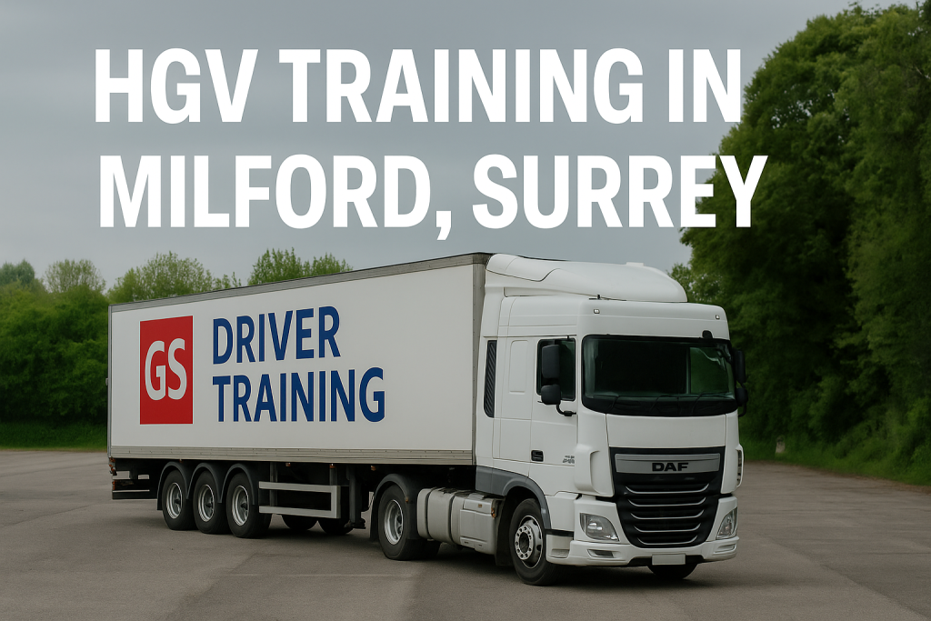 A white DAF HGV truck with “GS Driver Training” signage on the trailer is parked on a wide paved area in Milford, Surrey. Bold white text above the vehicle reads “HGV Training in Milford, Surrey,” with trees and greenery in the background under an overcast sky.