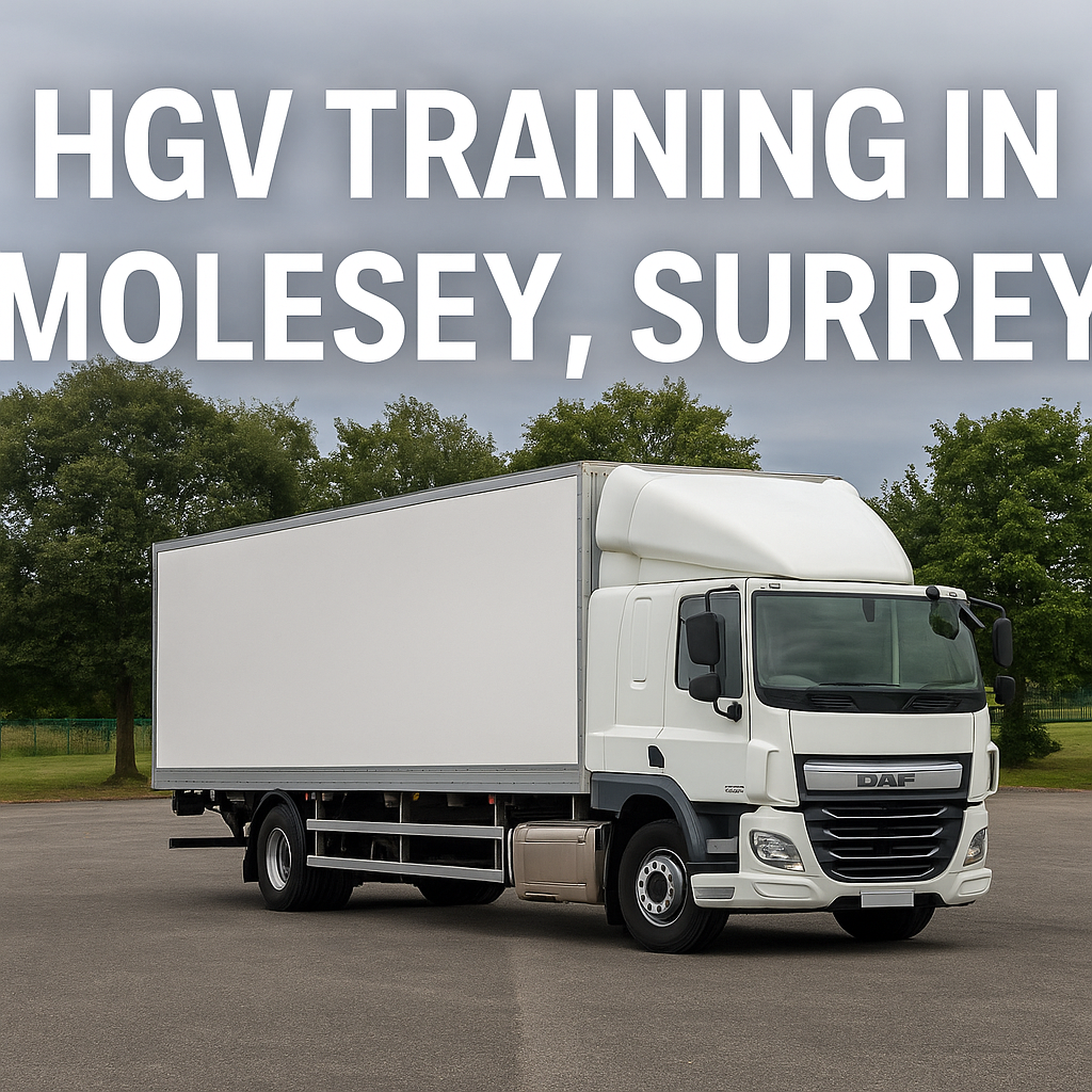A white DAF HGV training truck with a box trailer is parked on an open asphalt area in Molesey, Surrey. The sky is overcast, and trees surround the lot. Bold white text at the top reads “HGV Training in Molesey, Surrey.”
