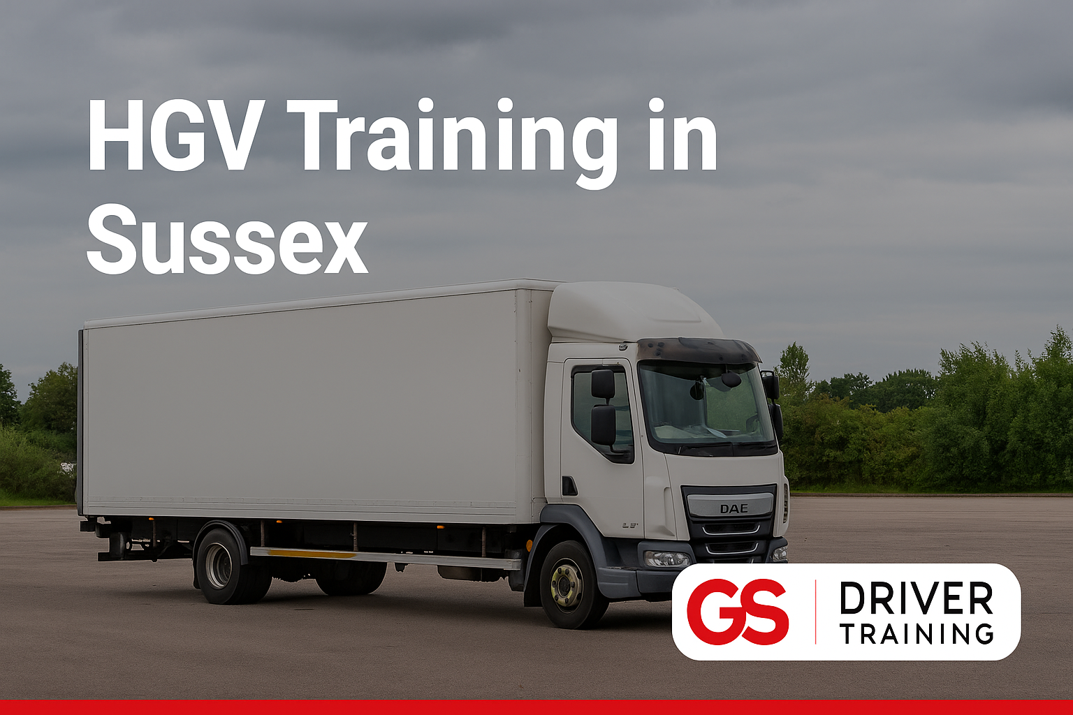A white DAF LF HGV training truck is parked on a large paved area in Sussex under a cloudy sky. The text “HGV Training in Sussex” appears above the vehicle, and the GS Driver Training logo is displayed prominently at the bottom right corner of the image.